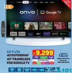 ONVO 43OVF5000AF 43 İNÇ FRAMELESS FHD GOOGLE TV AKILLI TELEVİZYON